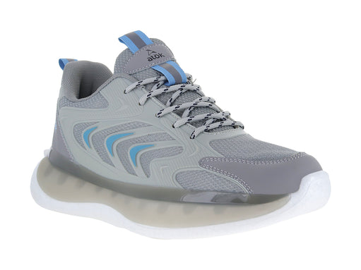 Tenis de baloncesto marca ATOK en color gris con detalles en azul y suela blanca gruesa.