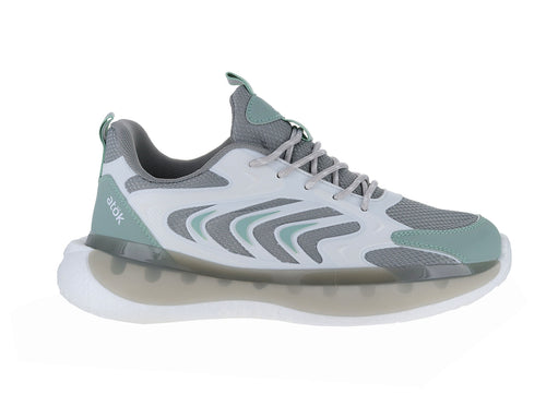 Tenis de baloncesto ATOK en color blanco con detalles en gris y verde menta, diseño moderno y suela blanca.