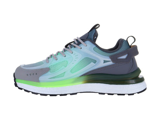 Tenis de baloncesto ATOK en colores aqua y gris con suela blanca y detalles en verde neón.