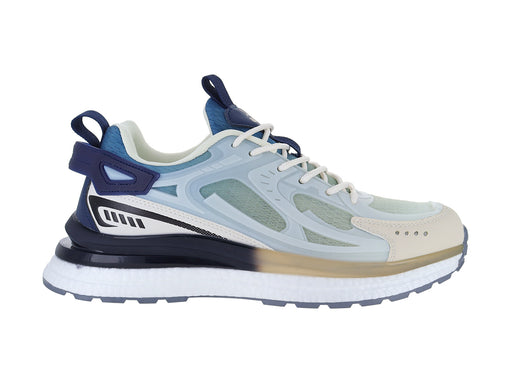 Tenis de baloncesto marca ATOK en color azul con detalles blancos y beige, diseño deportivo moderno.