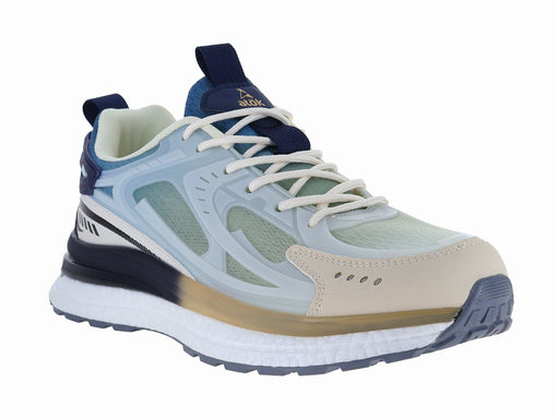 Tenis de baloncesto marca ATOK en color azul con detalles blancos y beige, diseño deportivo moderno.