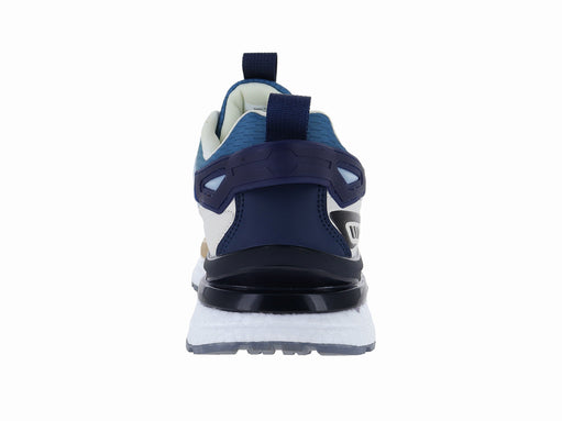 Tenis de baloncesto marca ATOK en color azul con detalles blancos y beige, diseño deportivo moderno.