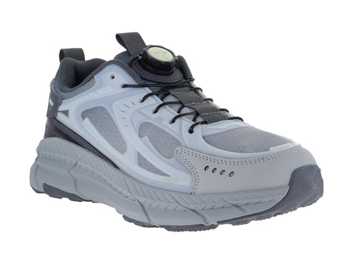 Tenis deportivos ATOK en color gris con detalles blancos y negros, diseño moderno con sistema de ajuste rápido.