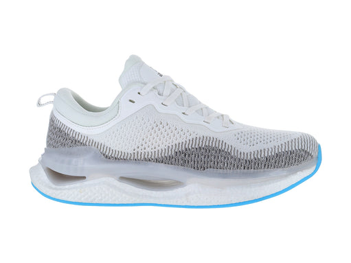 Tenis de baloncesto marca ATOK en color blanco con detalles grises y suela blanca con borde azul.