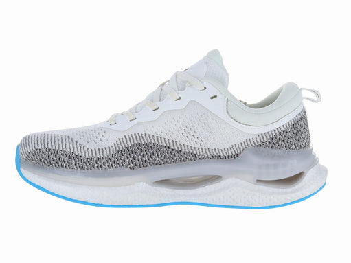 Tenis de baloncesto marca ATOK en color blanco con detalles grises y suela blanca con borde azul.