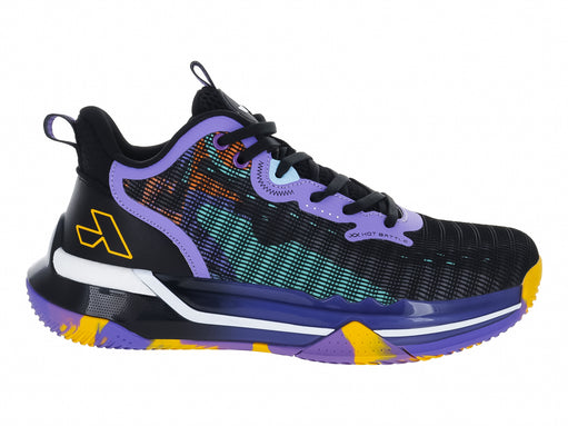 Tenis de baloncesto ATOK Performance en colores negro, morado y amarillo con diseño dinámico y suela deportiva.