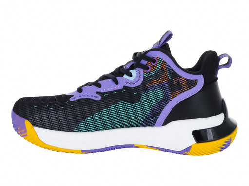 Tenis de baloncesto ATOK Performance en colores negro, morado y amarillo con diseño dinámico y suela deportiva.