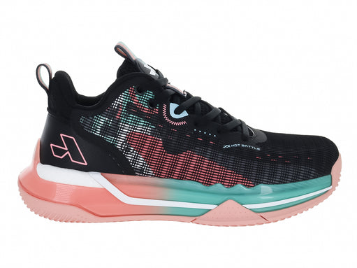 Tenis de baloncesto ATOK Performance en color negro con detalles en rosa y turquesa y diseño gráfico lateral.