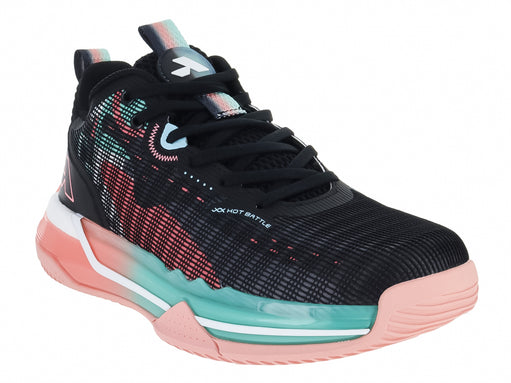 Tenis de baloncesto ATOK Performance en color negro con detalles en rosa y turquesa y diseño gráfico lateral.