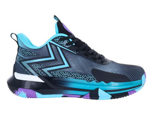 Tenis de baloncesto ATOK Performance en color negro con detalles en azul y morado, diseño deportivo moderno.