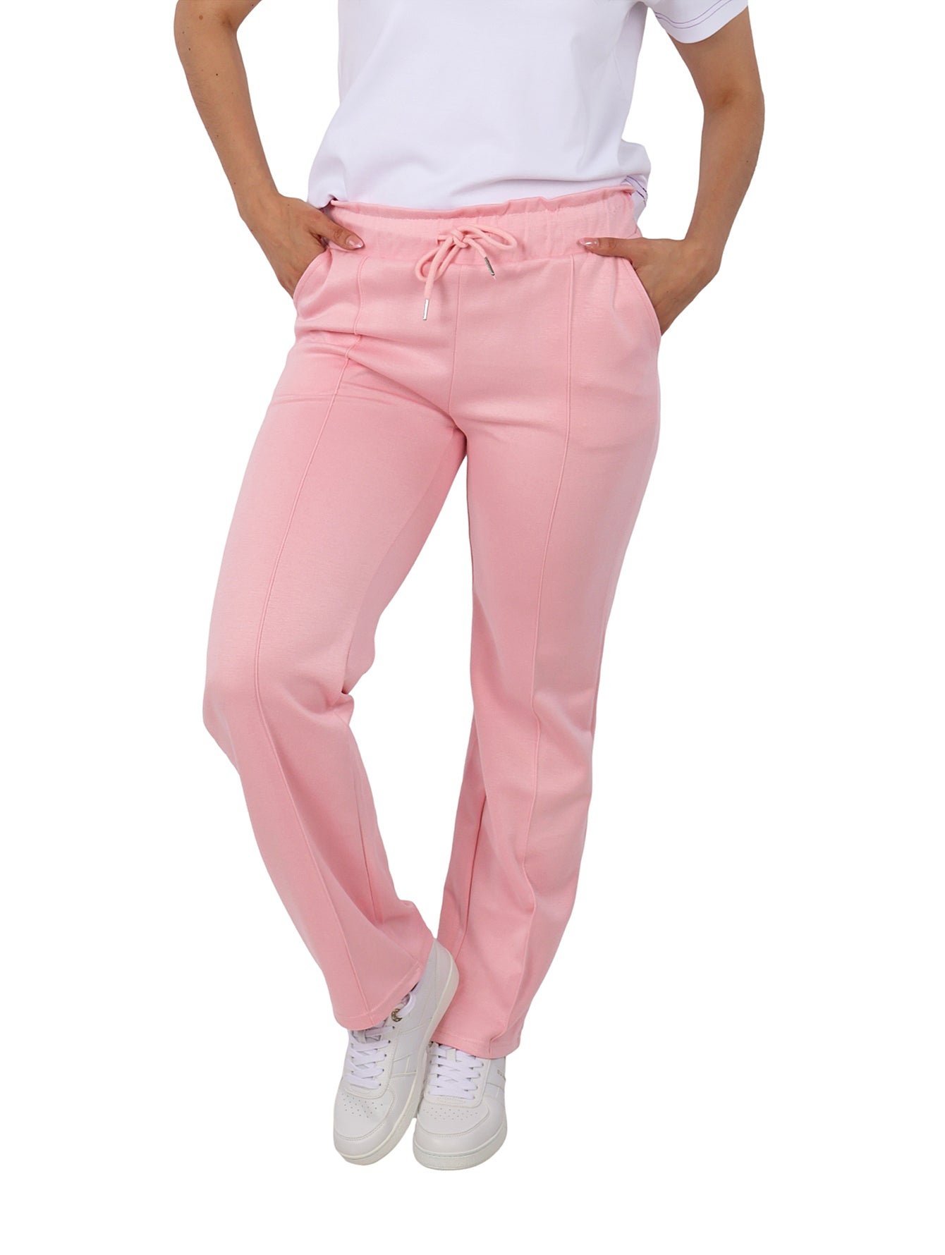 Pantalón rosa de corte recto con cintura de jareta.