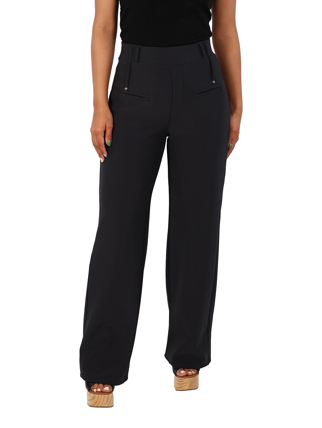 Pantalón color gris oscuro de corte ancho con bolsillos frontales y talle alto para mujer.