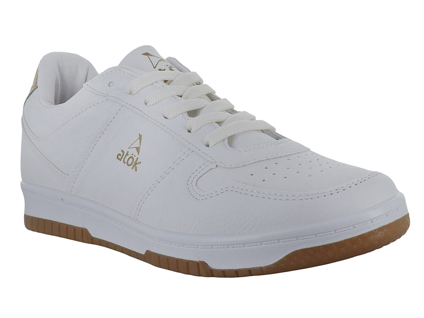 Tenis blancos para Mujer marca ATOK con suela color café y detalle dorado en el talón.