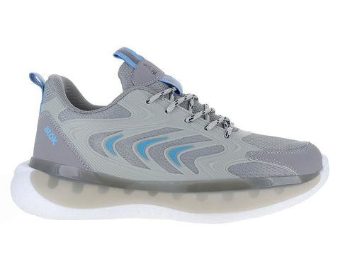 Tenis de baloncesto marca ATOK en color gris con detalles en azul y suela blanca gruesa.