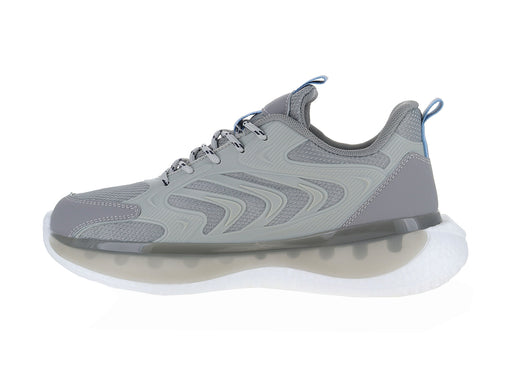 Tenis de baloncesto marca ATOK en color gris con detalles en azul y suela blanca gruesa.