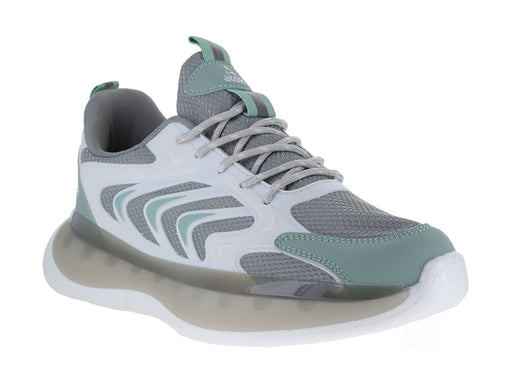Tenis de baloncesto ATOK en color blanco con detalles en gris y verde menta, diseño moderno y suela blanca.