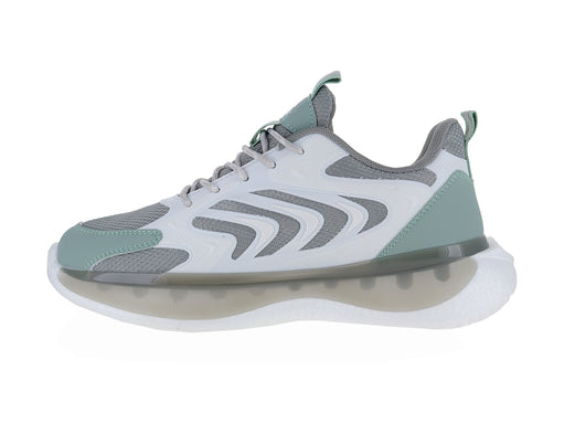 Tenis de baloncesto ATOK en color blanco con detalles en gris y verde menta, diseño moderno y suela blanca.
