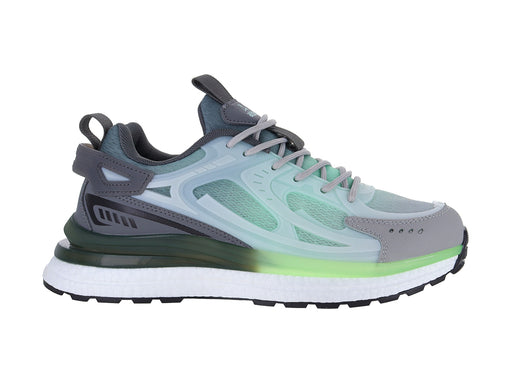 Tenis de baloncesto ATOK en colores aqua y gris con suela blanca y detalles en verde neón.