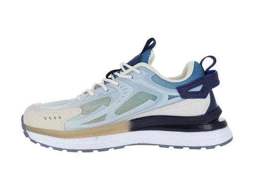 Tenis de baloncesto marca ATOK en color azul con detalles blancos y beige, diseño deportivo moderno.