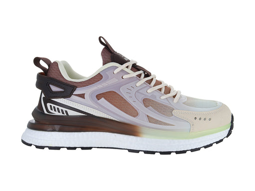 Tenis deportivos ATOK en colores café y beige con suela blanca gruesa.