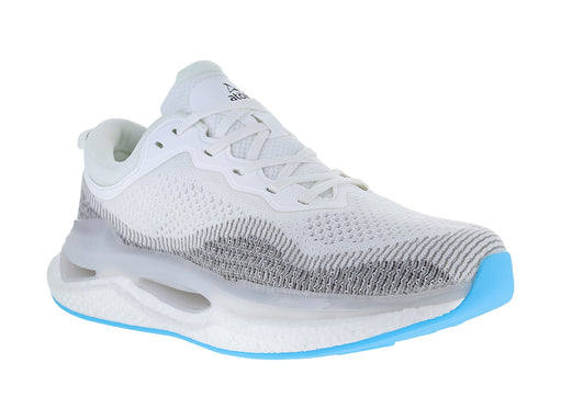 Tenis de baloncesto marca ATOK en color blanco con detalles grises y suela blanca con borde azul.