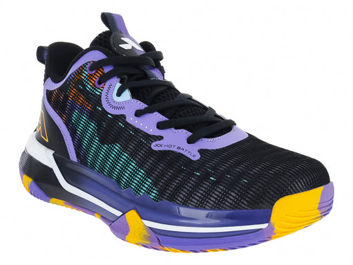 Tenis de baloncesto ATOK Performance en colores negro, morado y amarillo con diseño dinámico y suela deportiva.