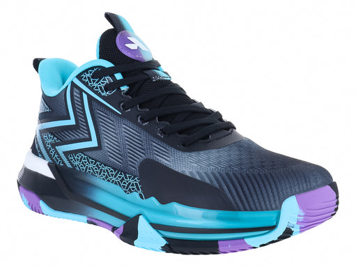 Tenis de baloncesto ATOK Performance en color negro con detalles en azul y morado, diseño deportivo moderno.