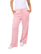 Pantalón rosa de pierna ancha para mujer con cintura elástica, jareta y bolsillos laterales.