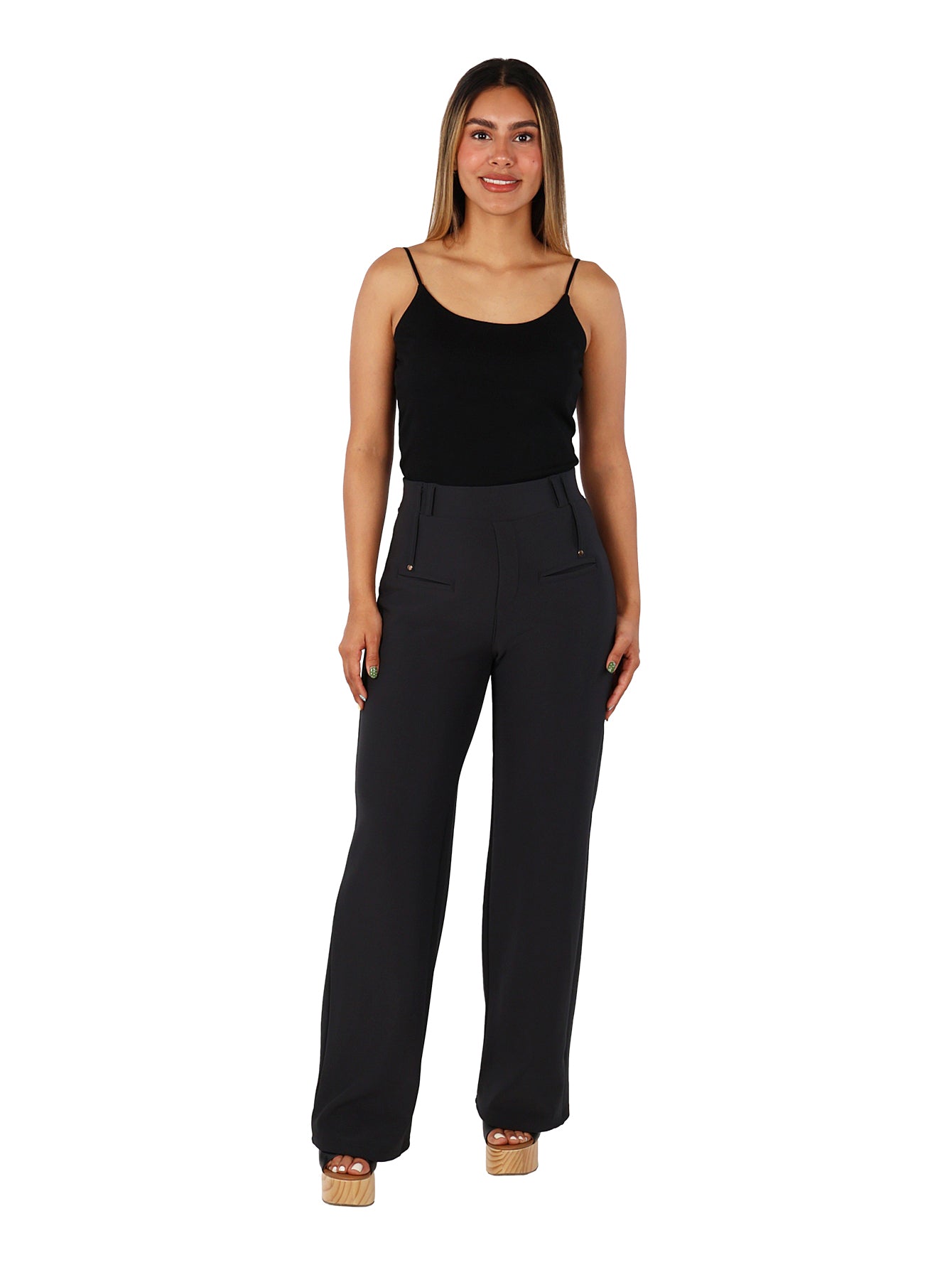 Pantalón color gris oscuro de corte ancho con bolsillos frontales y talle alto para mujer.
