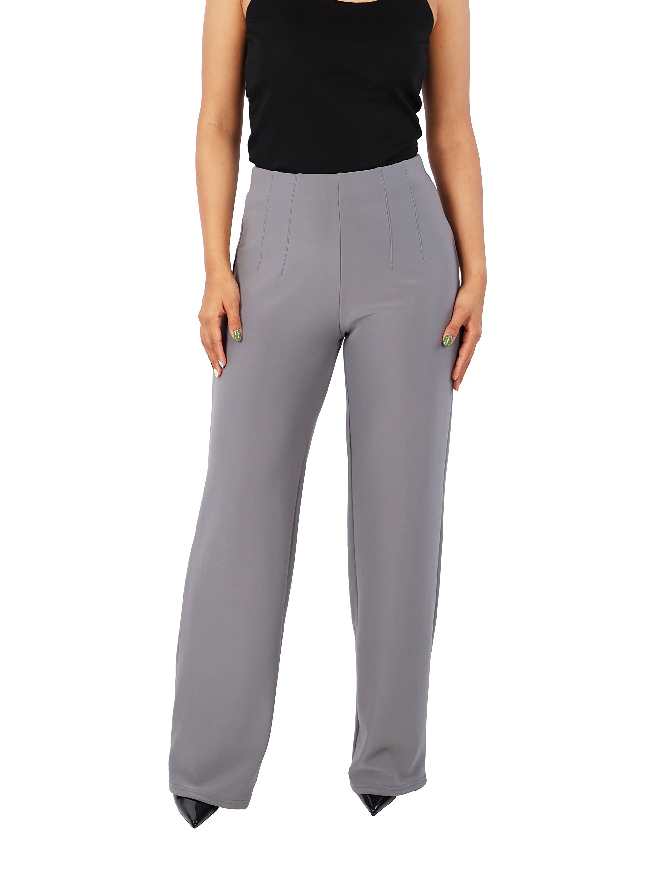 Pantalón recto color gris Oxford de cintura alta.